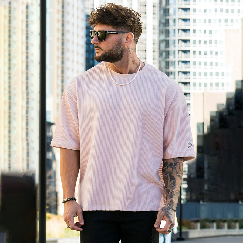 Men's T-Shirts Summer Men's Ribbed T Shirts Fashion Letter Embroidery Loose Short Sleeve Tees Streetwear Men Clothes Casual Pullover Tops 23