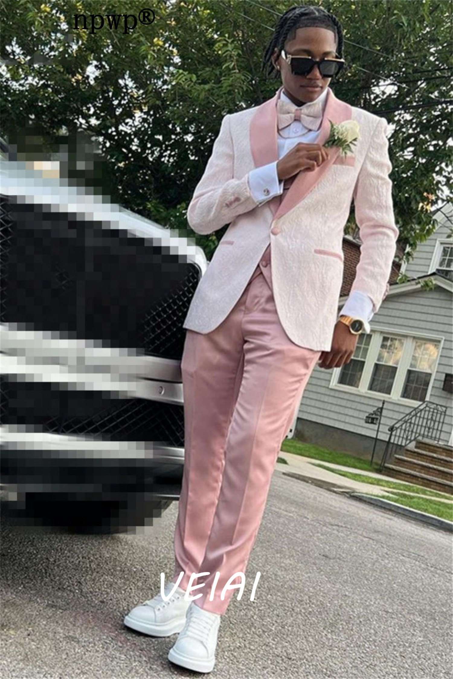 Men's Suits Blazers Pale Pink Jaquard Suits for Men 3 Pieces One Button Blazer Tuxedos Suit Set Prom Party Homecoming Student Clothes CoatVestPan