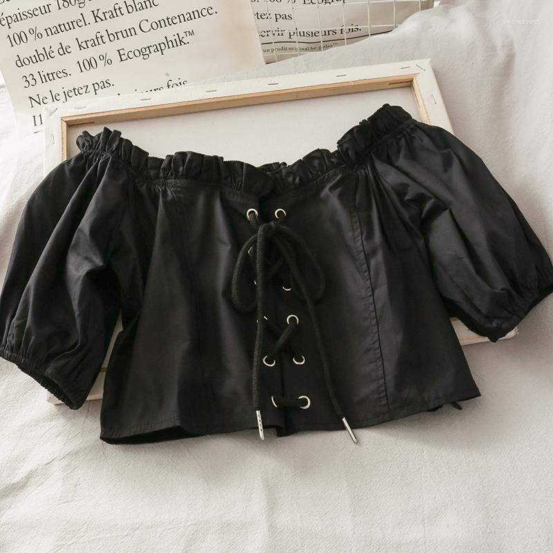 Women's Blouses Women Cotton Solid Female Cropped Blouse Slash Neck Ruffles Neckline Lace Up Front Sexy Crop Tops, Black
Women's Blouses Women Cotton Solid Female Cropped Blouse Slash Neck Ruffles Neckline Lace Up Front Sexy Crop Tops, Black