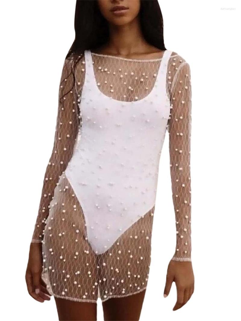 Women' Swimwear Women Summer Bikini Cover Up Long Sleeve See Through Pearls Slim Fit Beach Dress, White
Women' Swimwear Women Summer Bikini Cover Up Long Sleeve See Through Pearls Slim Fit Beach Dress, White