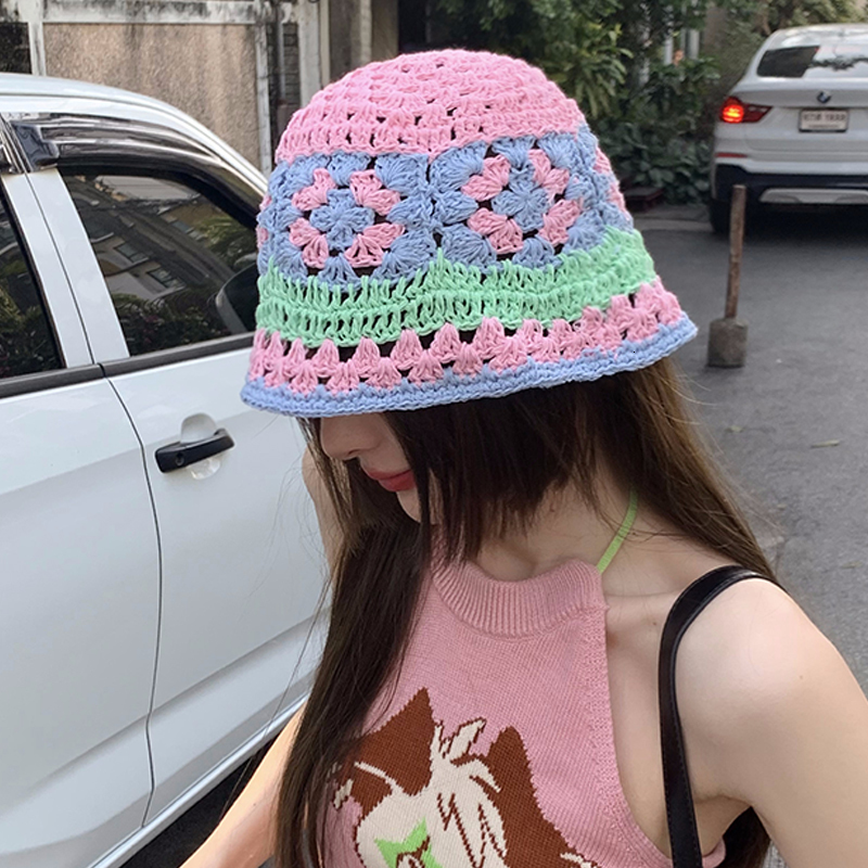 Wide Brim Hats Bucket Hats Y2K Cotton Knitted Crochet Flower Bucket Hat Fisherman Hats for Women Sweet Handmade Hollow Basin Beanie Hat Gorro 230509