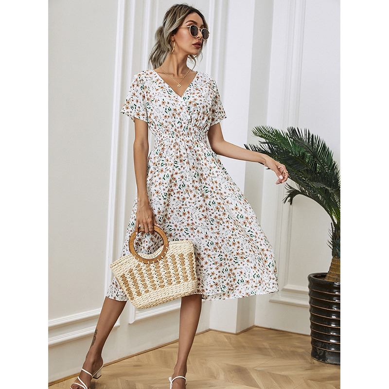 Casual Dresses Chiffon Dress Summer Dress Retro Yellow Red Floral Print Female Casual V-neck Short-sleeved A-line Beach Long Robe Dress 230509