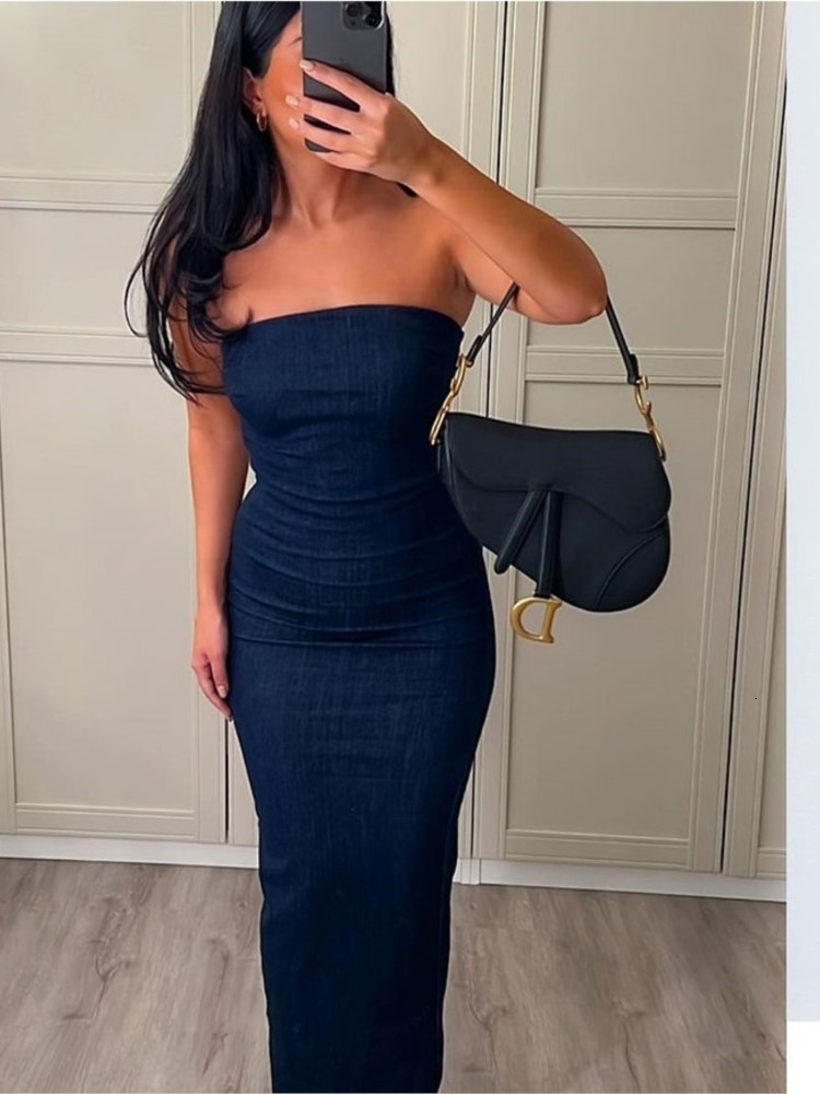 Party Dresses Blue Denim Strapless Backless Zipper Back Split Sexy Sleeveless Wrap Buttock Long Women High Street Fashion 230508