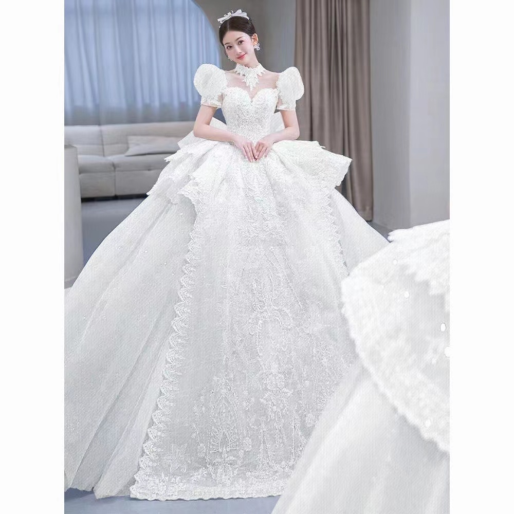 Dubai With Long Crystal Pearls Puffy Ball Gowns Robe De Mariee Wedding Dresses urious Lace Appliques Bridal Gown Custom Made