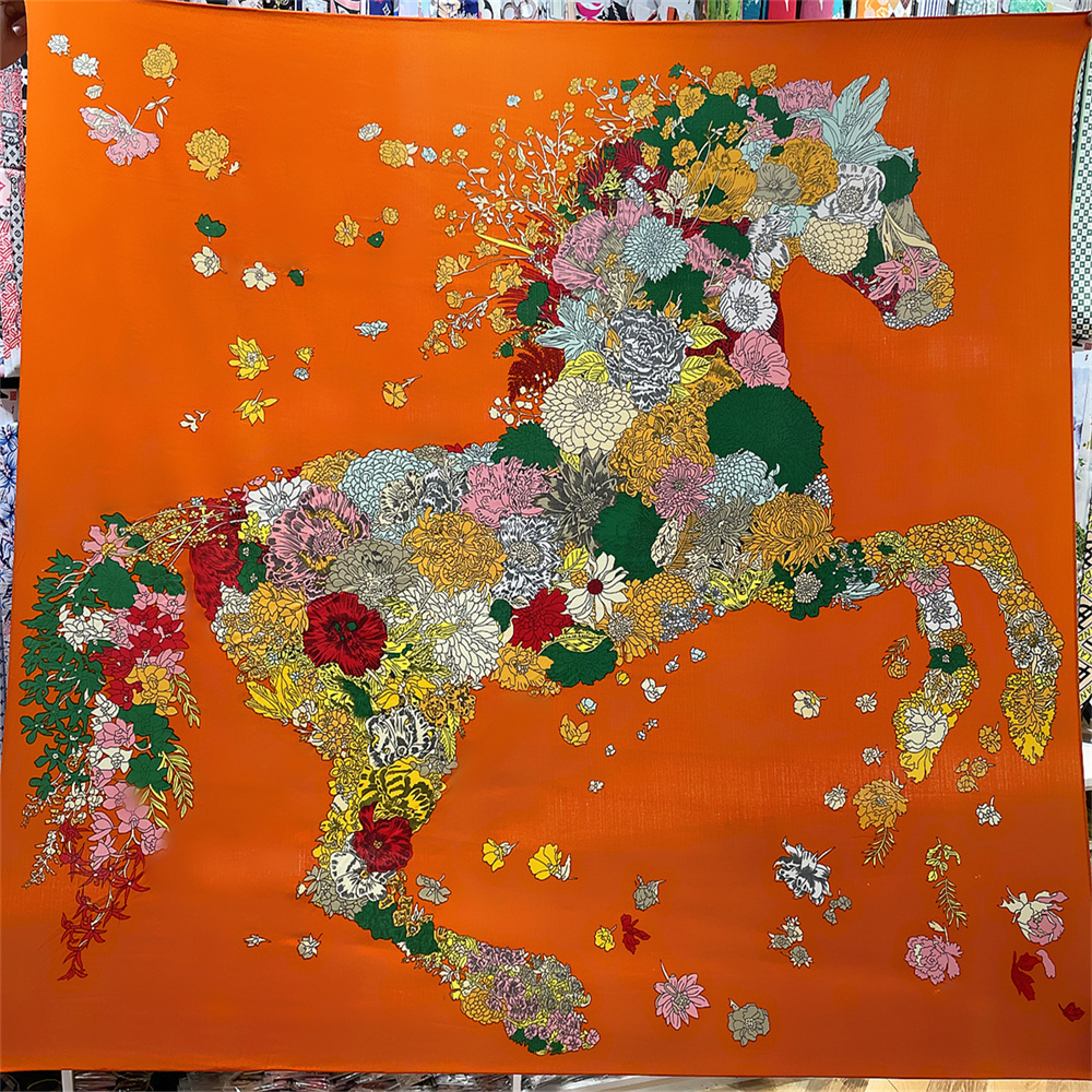 Sarongs POBING Silk Cashmere Scarf Women Hand Rolled Flowers Horse Print Square Scarves Wraps Bandana Big Hijabs Female Foulard 135CM 230508