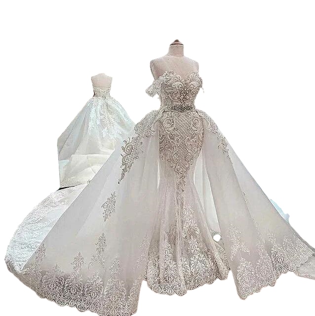 Plus Size Arabic Aso Ebi mermaid Wedding Dresses with detachable train Luxurious Crystals Lace applique Beaded Bridal Dresses