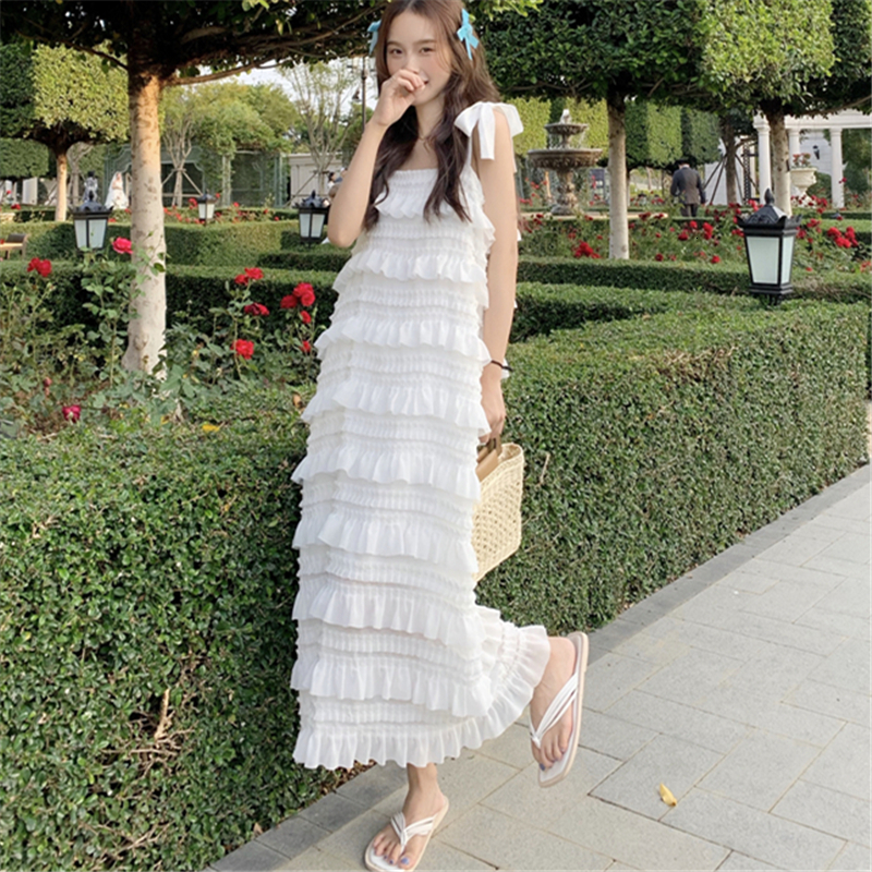 Casual Dresses Long Dress Summer Fashion Loose High Waist Strap Sleeveless Black Strapless Maxi Dresses Fairy Trendy White Cake Skirt 230509