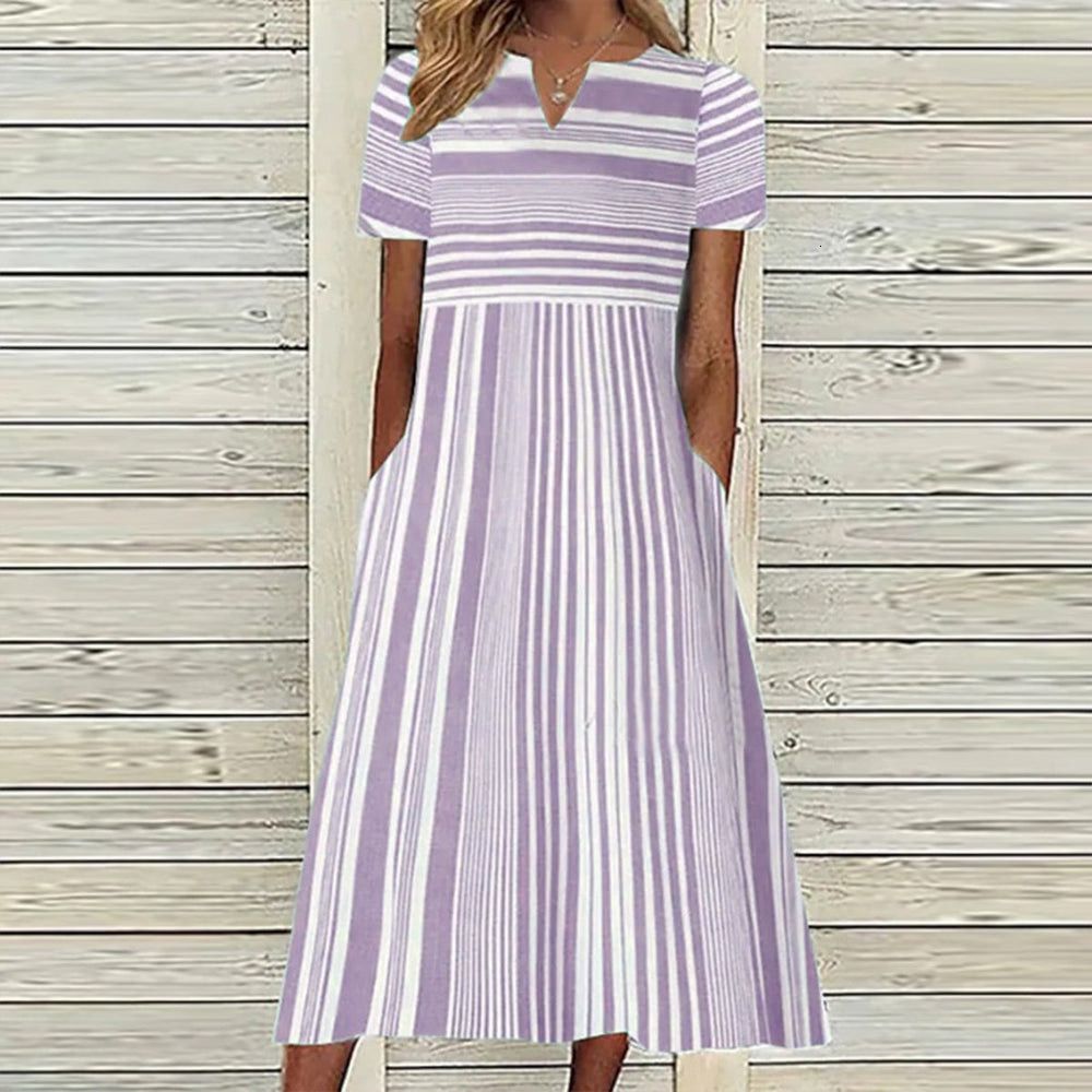 Casual Dresses Vintage Boho Stripe Print Women Sundress Summer Fashion V-Neck Short Sleeve Dress Elegant Ladies Midi Dress Femme Vestidos 230509