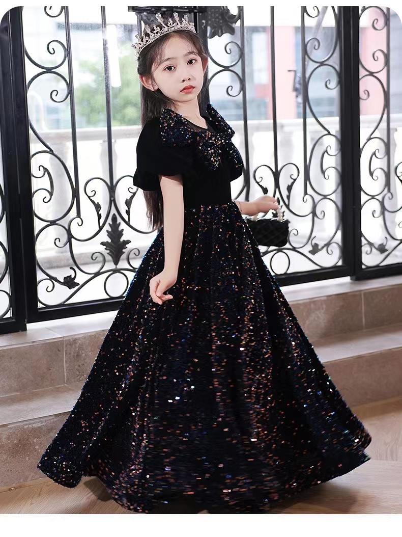 Long Little Girls Pageant Dress Black Sequined Mother And Flower Girl Dresses For Teens Formal Holy Communion Gown Princess Party Gowns With Bow 403