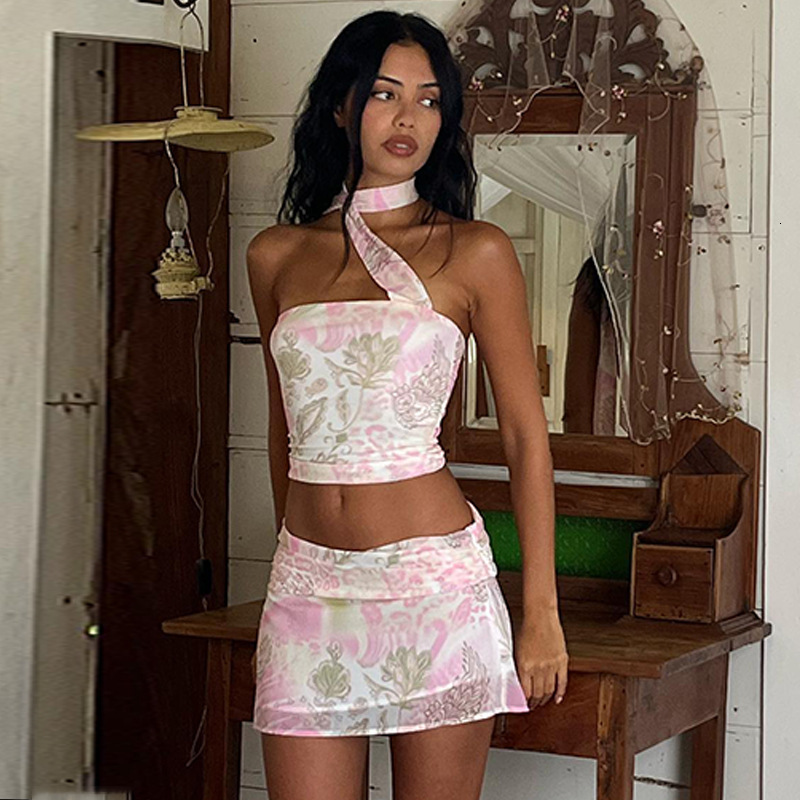 Two Piece Dress 092 Sexy Women Print Pink Summer Dress Elegant Party Skirt Sets Two Piece Sets Womens Outfits Fashion 230509