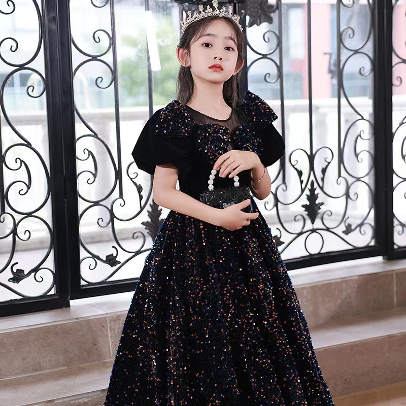 Long Little Girls Pageant Dress Black Sequined Mother And Flower Girl Dresses For Teens Formal Holy Communion Gown Princess Party Gowns With Bow 403