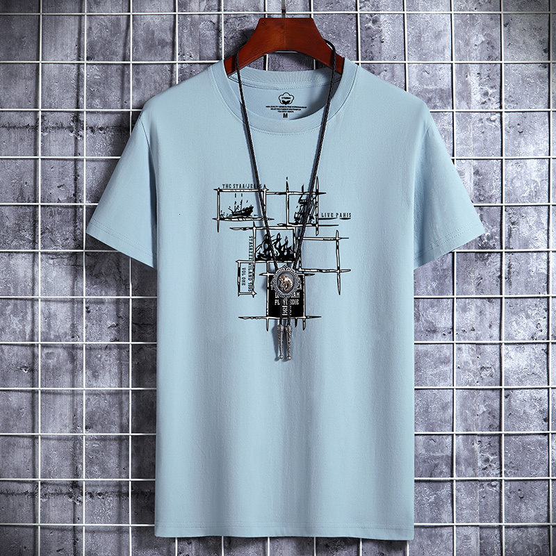 Men's T-Shirts Quadrilateral Lattice Printing 100% Cotton Men T Shirt Hip-Hop Cotton T-shirt O-neck Summer Male Causal Tshirts Fashion Loose 2305