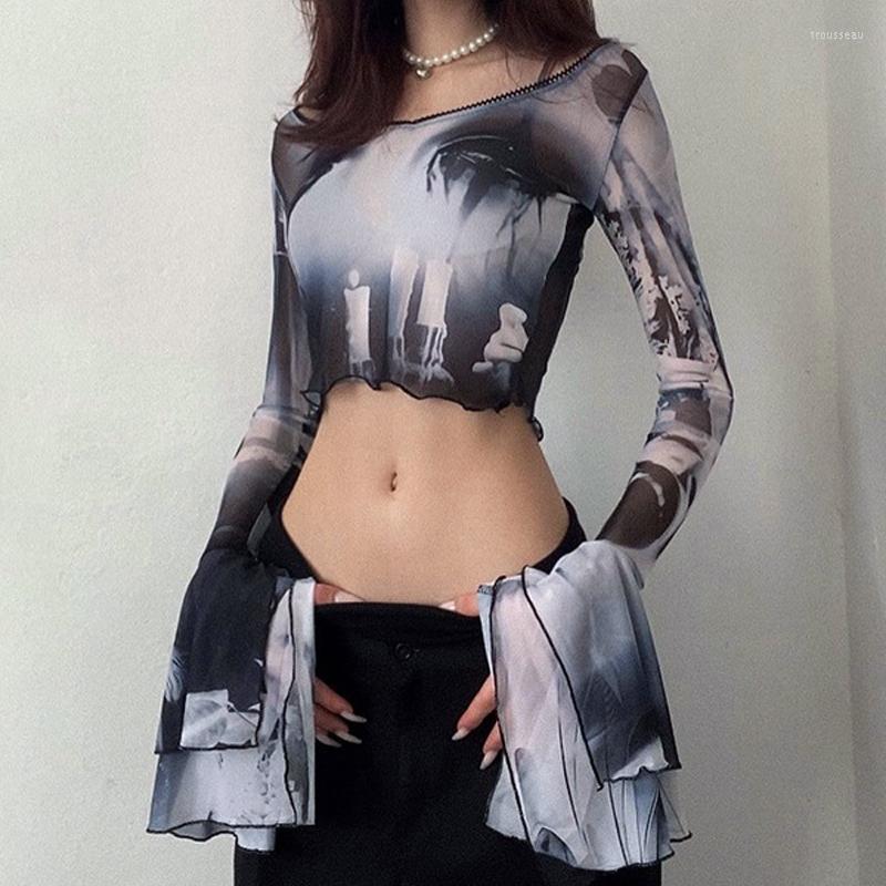 Women' T Shirts Flare Sleeve See Through T-shirts Emo Lettuce Hem Sexy Streetwear Casual Punk Aesthetic Print Y2k Mesh Women Crop Tops For, Black
Women' T Shirts Flare Sleeve See Through T-shirts Emo Lettuce Hem Sexy Streetwear Casual Punk Aesthetic Print Y2k Mesh Women Crop Tops For, Black