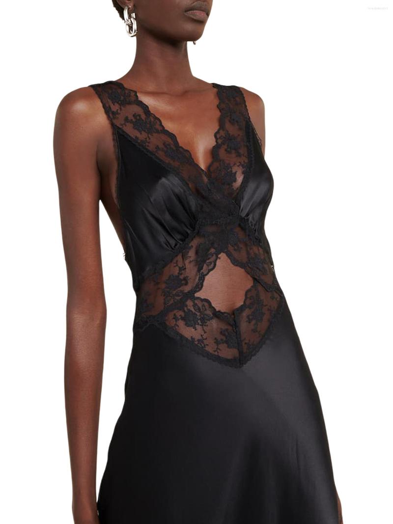 Casual Dresses Summer Women Elegant Backless Satin Split Midi Dress Sleeveless V Neck Lace Patchwork Solid Color Birthday Fashion Long Skirt, Black
Casual Dresses Summer Women Elegant Backless Satin Split Midi Dress Sleeveless V Neck Lace Patchwork Solid Color Birthday Fashion Long Skirt, Black