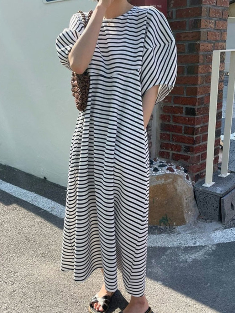 Casual Dresses Korejpaa Summer Elegant Dress Women Round Neck Striped Print Casual Dresses Female Short Puff Sleeve Korean Clothing 230509