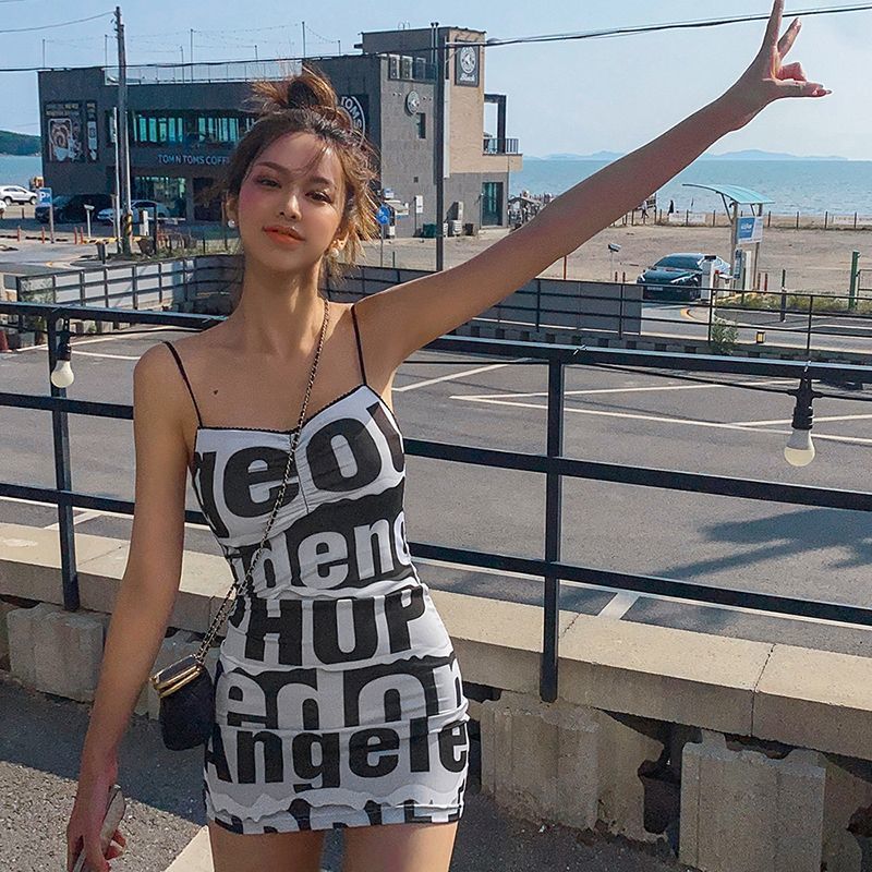 Street Style Sexy Letter Print Drop Strap Dress: Bold, Versatile, Summer Essential B2