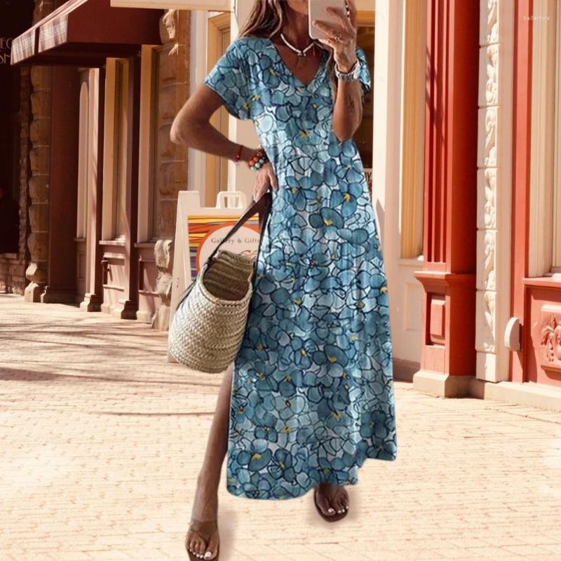 Casual Dresses Women Beach Dress Short Sleeves Loose Flower Print V Neck Vintage Dating Side Split Colorfast Maxi Female Clothes, Blue
Casual Dresses Women Beach Dress Short Sleeves Loose Flower Print V Neck Vintage Dating Side Split Colorfast Maxi Female Clothes, Blue