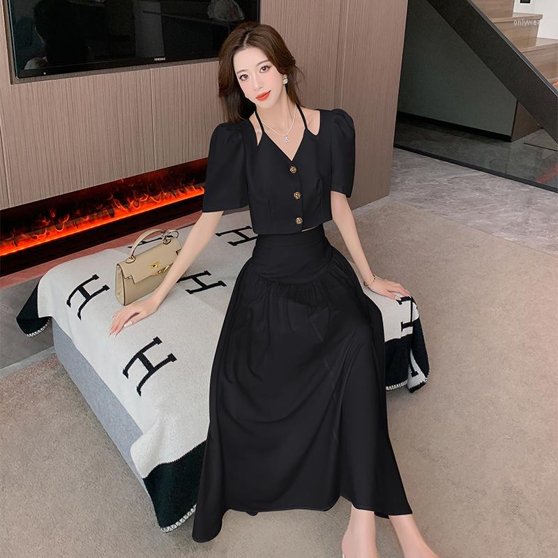Work Dresses Small Fragrant French Halter Puff Sleeve Single Breasted Shirt High Waist Midi Length Skirt Two Piece Set Women Outfit