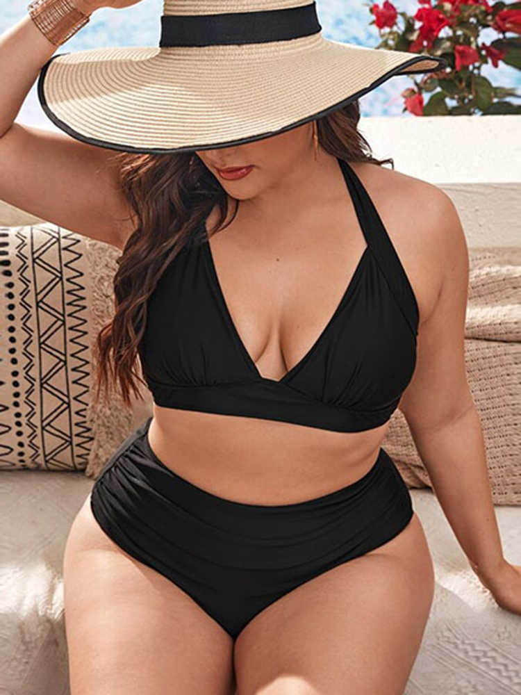 

Women's Plus Size Swimwear Plus Size Black Ruched High Waisted Bikini Set For Women's Two Piece Halter Push Up Twist Top Swimsuit 4XL 2022 Mujer Beach Wear Z0508, Beige