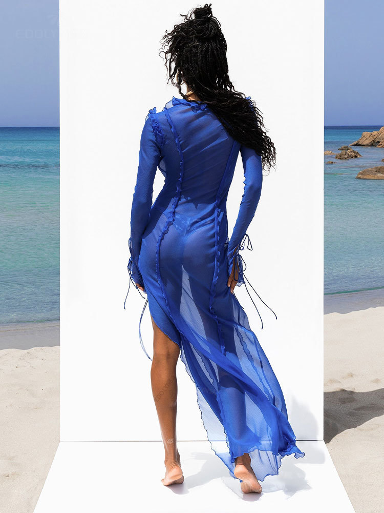 Casual Dresses Sexy V neck Perspective Ruffle Drawstring Tight Maxi Dresses For Women Spring Summer Elegant Side Split Party Vestido A1942 230508