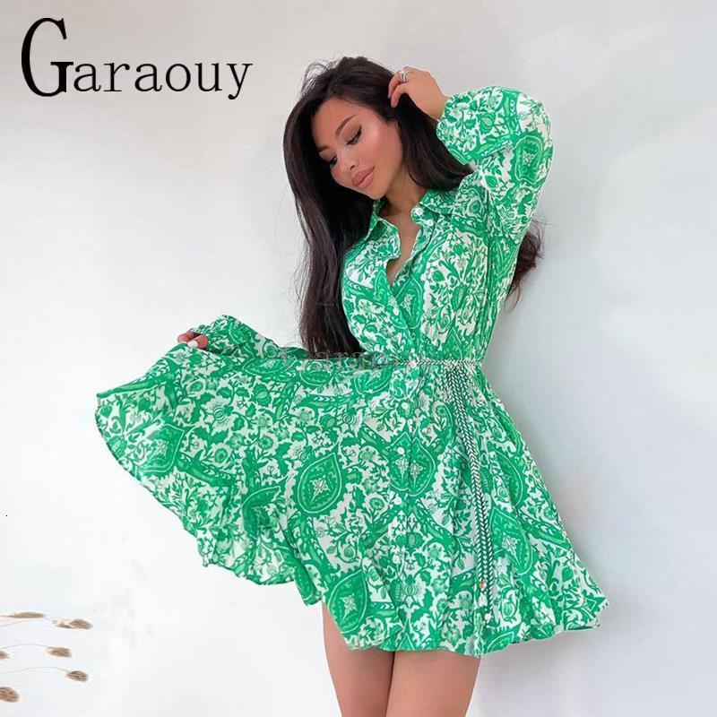 Casual Dresses Garaouy Summer Women Long Sleeve Belt Shirt Dress Floral Print Bohemian Ruffles Lapel Female Mini Sundress Mujer 230509