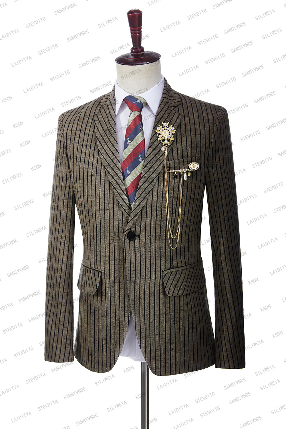 Men's Suits Blazers Men Suit Tuxedo Summer Slim Fit Groom Light Brown Linen Black Stripe Wedding Custom Terno Masuclino 2 Pcs SetJacketPants 2305