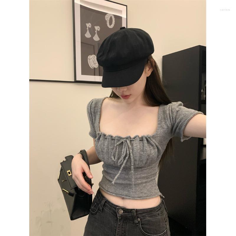 Women's T Shirts Lace-up Square Collar Short-sleeved Sweater Women's Spring 2023 Gray Slim Short Bottom Shirt Top Fashion Female Clothes
Women's T Shirts Lace-up Square Collar Short-sleeved Sweater Women's Spring 2023 Gray Slim Short Bottom Shirt Top Fashion Female Clothes