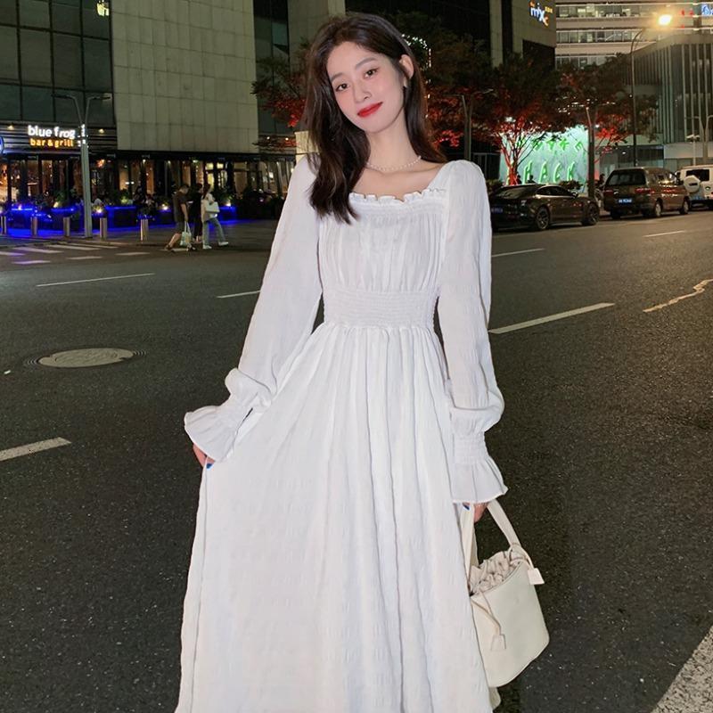 Casual Dresses HOUZHOU White Elegant Dress Women Square Collar Long Sleeve Dresses Vintage Autumn Fairy Robe Korean Fashion Outfits 230509