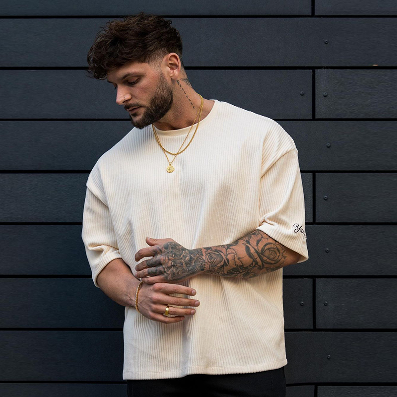 Men's T-Shirts Summer Men's Ribbed T Shirts Fashion Letter Embroidery Loose Short Sleeve Tees Streetwear Men Clothes Casual Pullover Tops 23