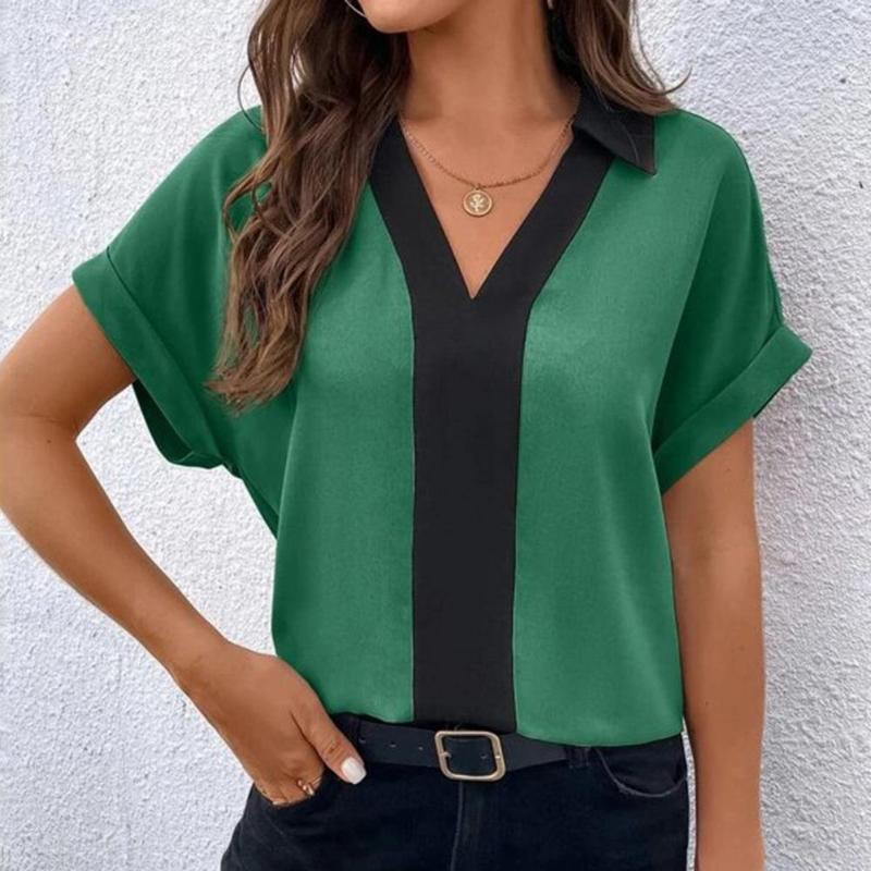 Women's Blouses Women Summer Shirt Color Matching Bat Short Sleeve Top Elegant V-neck Turn-down Collar Lady OL Style Soft Female, Khaki
Women's Blouses Women Summer Shirt Color Matching Bat Short Sleeve Top Elegant V-neck Turn-down Collar Lady OL Style Soft Female, Khaki