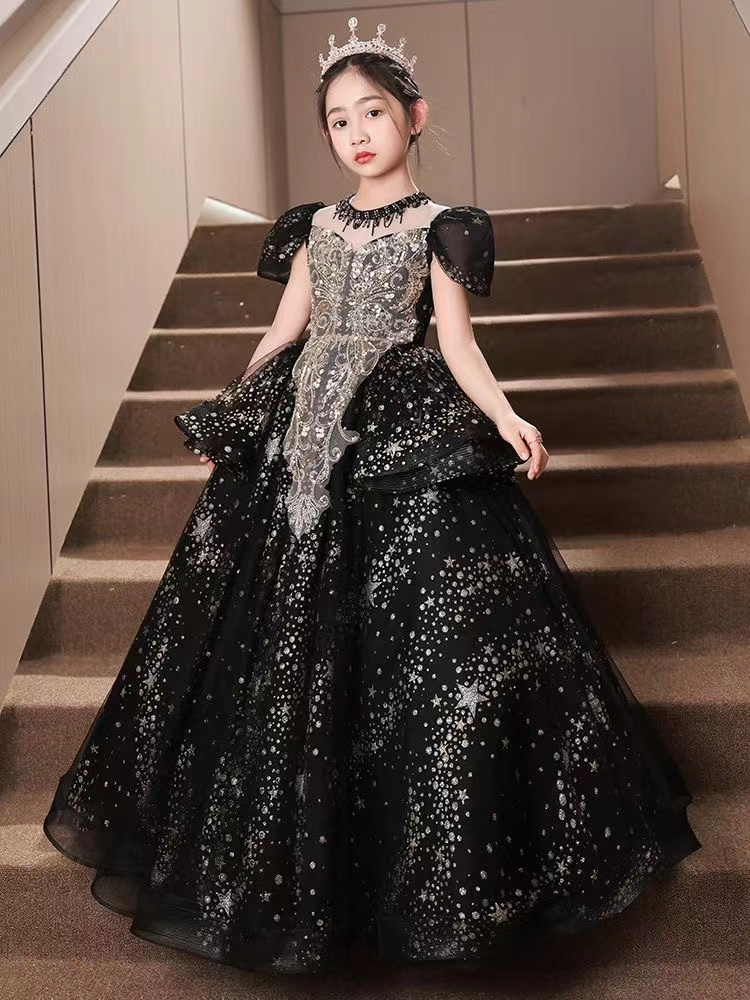 Ball Gown Girls Pageant Dresses Gold Black Crystal Necklace Princess Flower Girl Dress For Wedding Sequined First Holy Communion Toddler Party Gowns 4