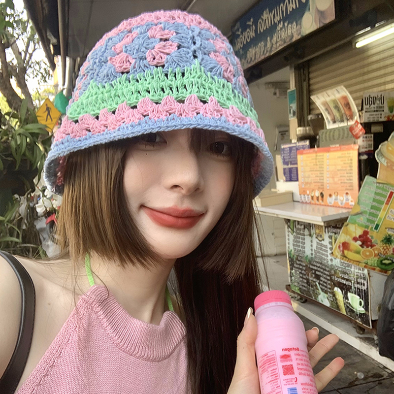 Wide Brim Hats Bucket Hats Y2K Cotton Knitted Crochet Flower Bucket Hat Fisherman Hats for Women Sweet Handmade Hollow Basin Beanie Hat Gorro 230509