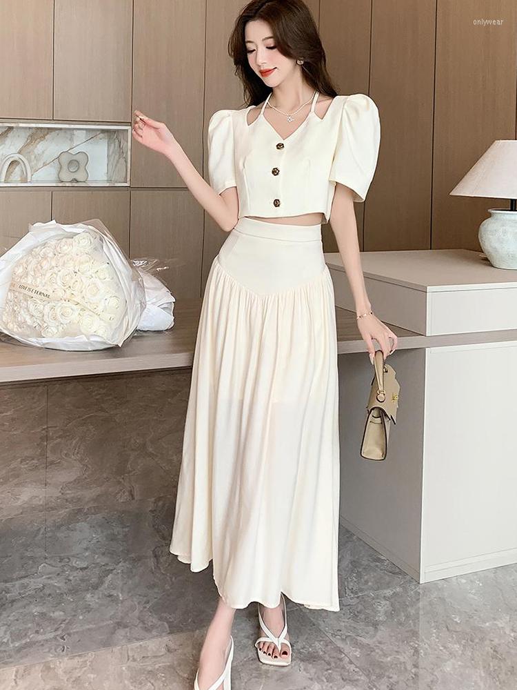 Work Dresses Small Fragrant French Halter Puff Sleeve Single Breasted Shirt High Waist Midi Length Skirt Two Piece Set Women Outfit