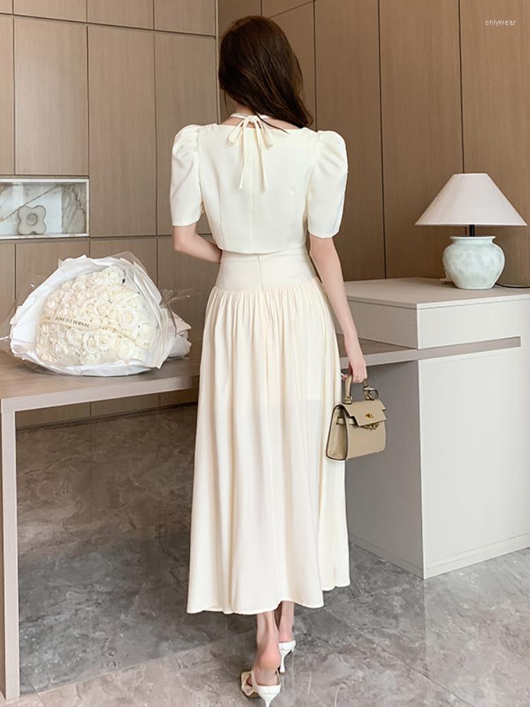Work Dresses Small Fragrant French Halter Puff Sleeve Single Breasted Shirt High Waist Midi Length Skirt Two Piece Set Women Outfit
