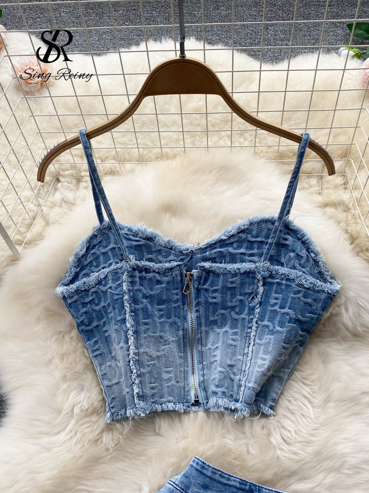Two Piece Dress SINGREINY Women Summer Sexy Denim Set Strapless Sling Zipper n Tops Short Button Mini Skirt Jeans Suits 230509