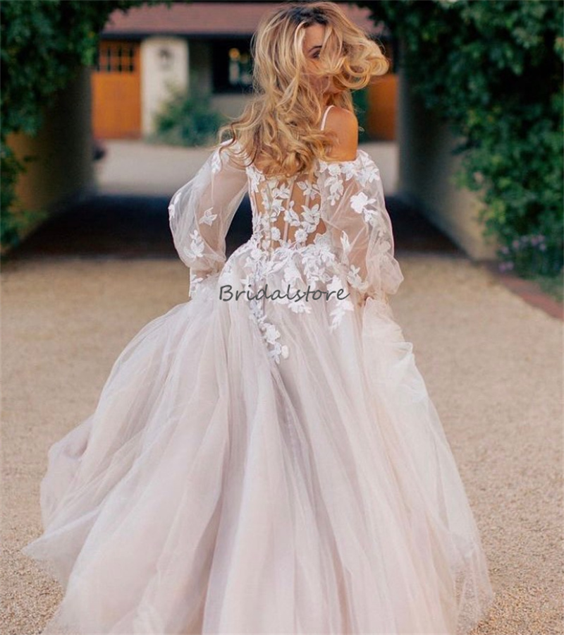 Stunning Boho Wedding Dress 2023 With Lace Poet Sleeve A Line Tulle Bohemain Country Wedding Gowns Sweetheart Korean Bridal Wear vestidos de novia rob