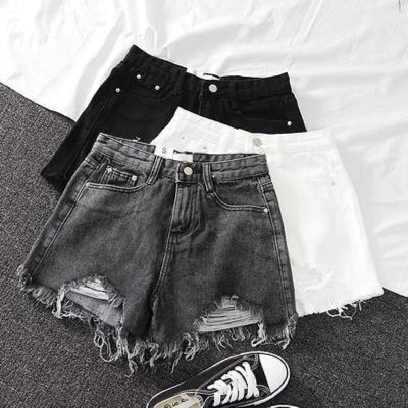 Womens Shorts Korean Fashion Summer Women Hole High Waist Jeans Burrs Female Build A Word Torn WideLegged Pants Streetwear 230508