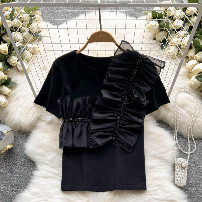 Women's T Shirts Korean Niche Design Sense Ruffle Stitching Short-sleeved Age-appropriate T-shirt Woman, Black
Women's T Shirts Korean Niche Design Sense Ruffle Stitching Short-sleeved Age-appropriate T-shirt Woman, Black