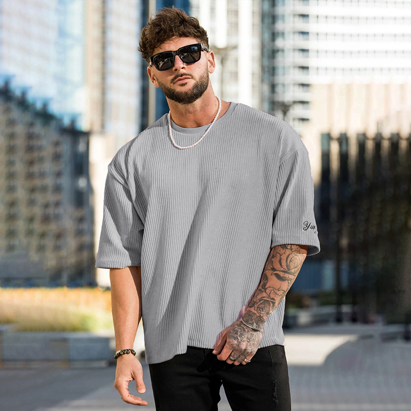 Men's T-Shirts Summer Men's Ribbed T Shirts Fashion Letter Embroidery Loose Short Sleeve Tees Streetwear Men Clothes Casual Pullover Tops 23