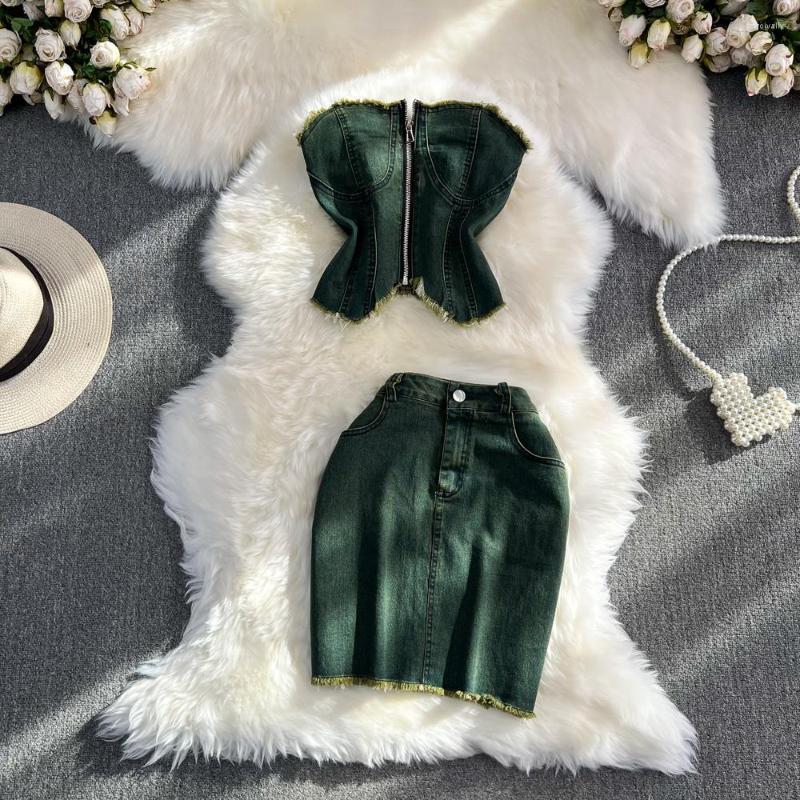 Work Dresses Summer Fashion Set American Vintage Style Tassel Zipper Bra Denim Top Two Piece High Waist Skirt, Green
Work Dresses Summer Fashion Set American Vintage Style Tassel Zipper Bra Denim Top Two Piece High Waist Skirt, Green