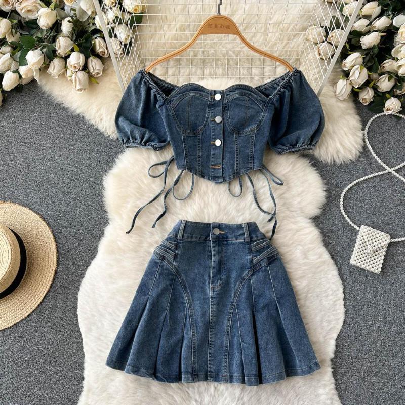 Work Dresses Retro Style Denim Skirt Sexy Girl A Strapless Lace-up Top Pleated Two-piece Set, Blue
Work Dresses Retro Style Denim Skirt Sexy Girl A Strapless Lace-up Top Pleated Two-piece Set, Blue