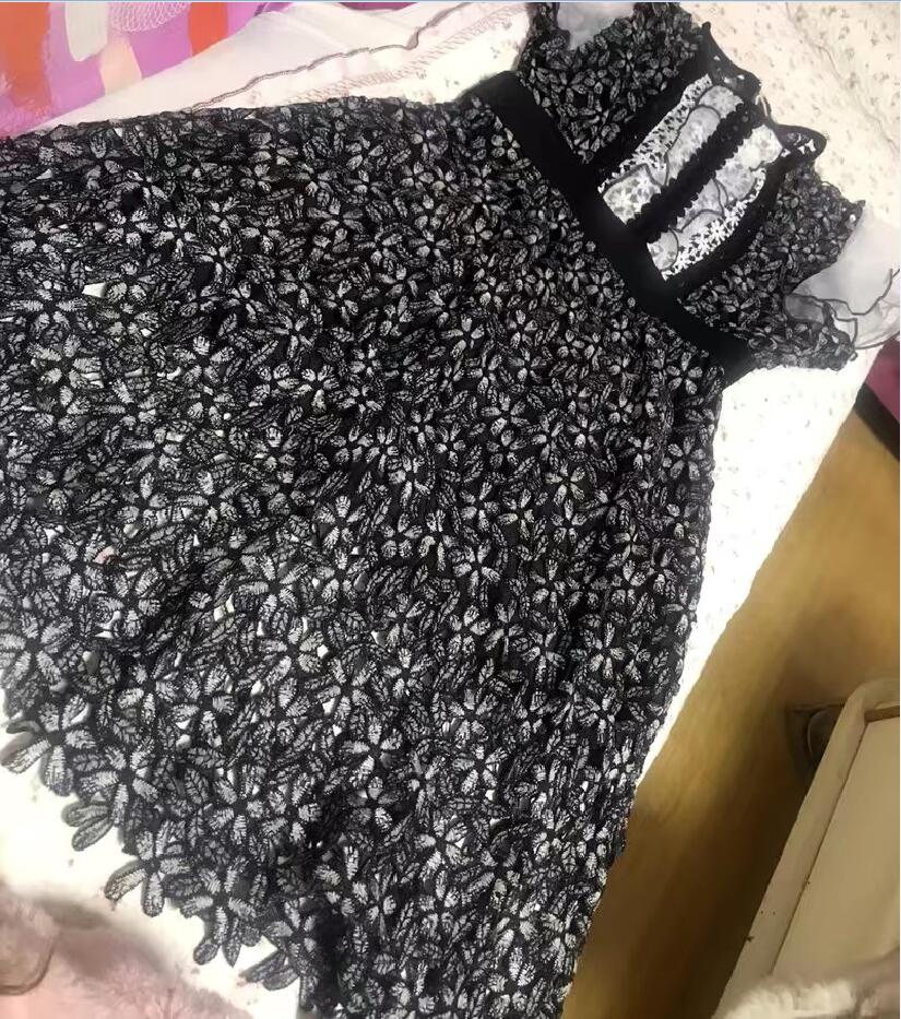 se-lf-p-t Summer Hollow Water Soluble Lace Round Neck Flying Sleeves Slim Dress