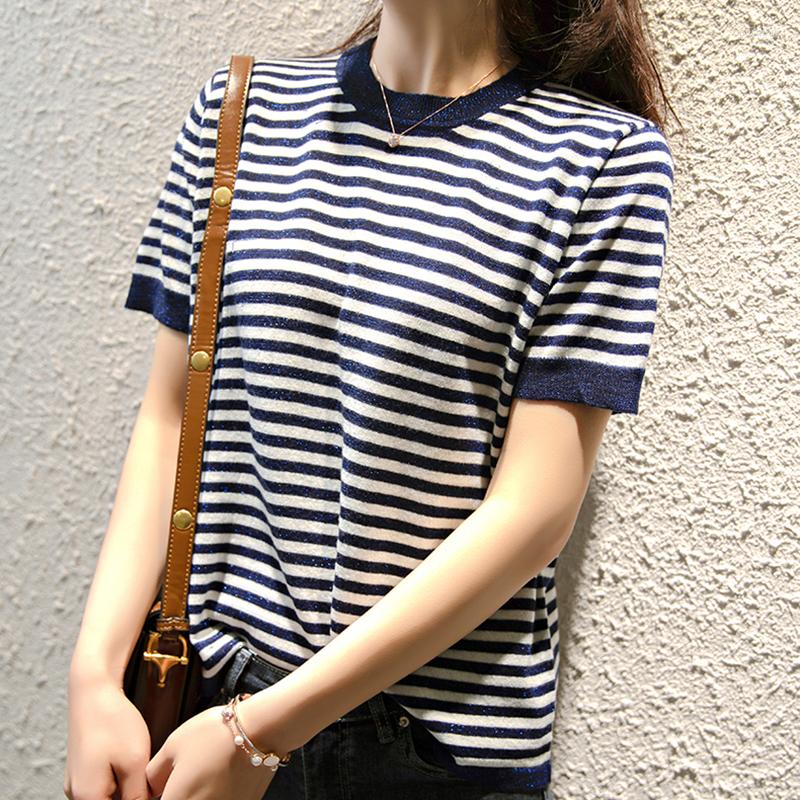 Women's T Shirts Camisetas Mujer Bright Silk Knitted Shirt Women Short Sleeve Summer Tops Woman Clothes Striped Fashion T-Shirt Tee Femme, Blue
Women's T Shirts Camisetas Mujer Bright Silk Knitted Shirt Women Short Sleeve Summer Tops Woman Clothes Striped Fashion T-Shirt Tee Femme, Blue
