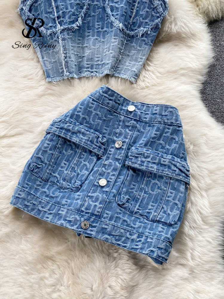 Two Piece Dress SINGREINY Women Summer Sexy Denim Set Strapless Sling Zipper n Tops Short Button Mini Skirt Jeans Suits 230509