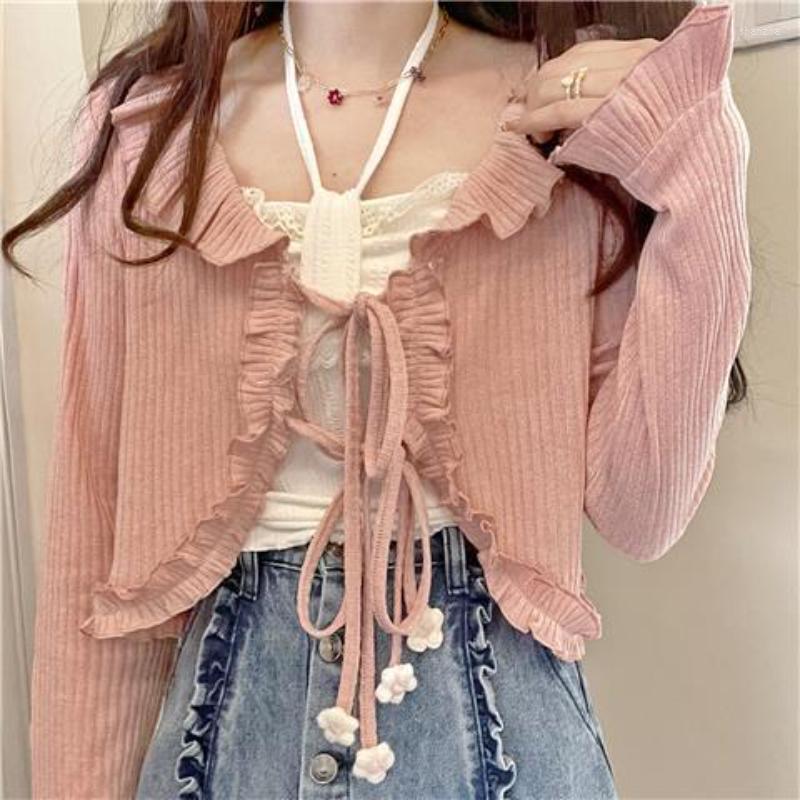 Women' T Shirts Pink Ruffles Cardigan 2023 Spring Summer Lace-up Solid Color Flare Long Sleeve Women Shirt Pleated Bow Camisole Crop Top, Blue beige 2 set
Women' T Shirts Pink Ruffles Cardigan 2023 Spring Summer Lace-up Solid Color Flare Long Sleeve Women Shirt Pleated Bow Camisole Crop Top, Blue beige 2 set