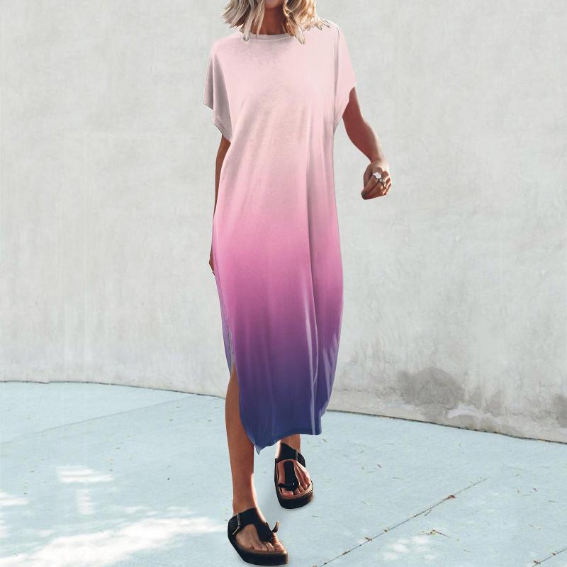 

Casual Dresses Gradient Batwing Sleeve Crewneck Dress Summer T Shirt Maxi Loose Slit Side Long Beach For Women 2023, Orange