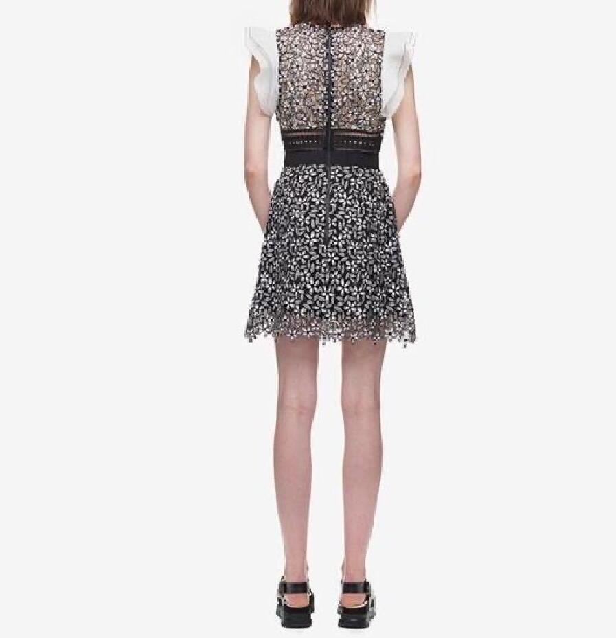 se-lf-p-t Summer Hollow Water Soluble Lace Round Neck Flying Sleeves Slim Dress