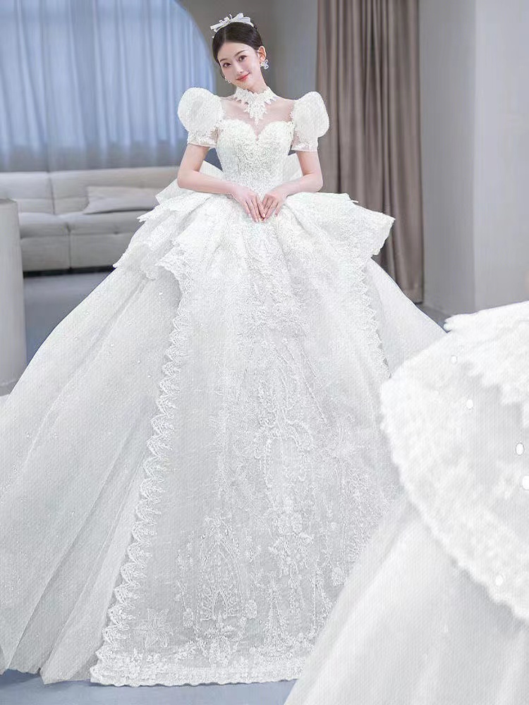 Dubai With Long Crystal Pearls Puffy Ball Gowns Robe De Mariee Wedding Dresses urious Lace Appliques Bridal Gown Custom Made