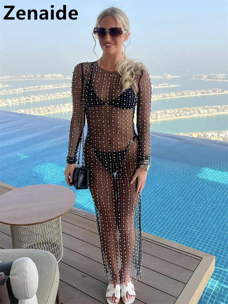 Party Dresses Zenaide See Through Mesh Dress Diamonds Pearl Long Sleeve Summer Sexy Bodycon Maxi Women Y2K Club Beach Cloth 230508