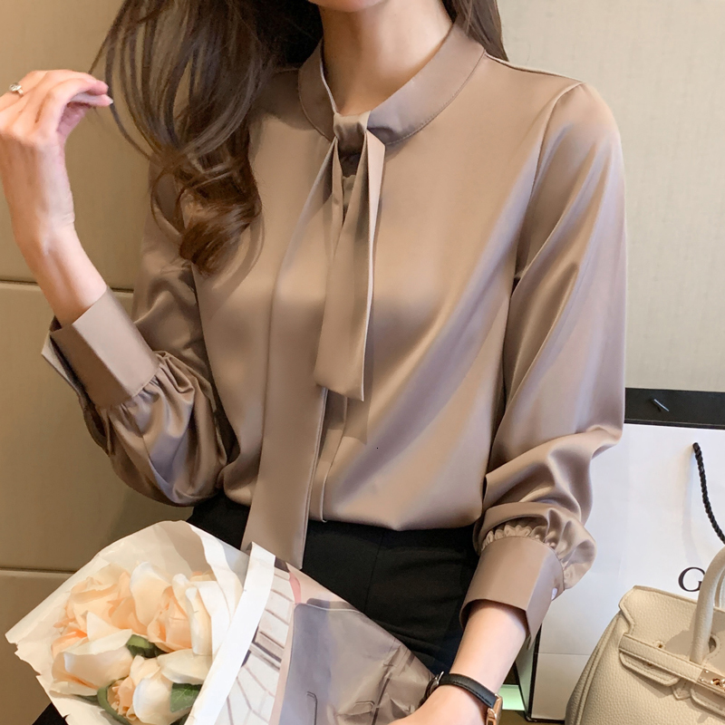 Womens Blouses Shirts Summer Shirt Women Blouse Long Sleeve Top Satin Casual Fashion Ribbon Bow Lady Clothing Movafag 230509